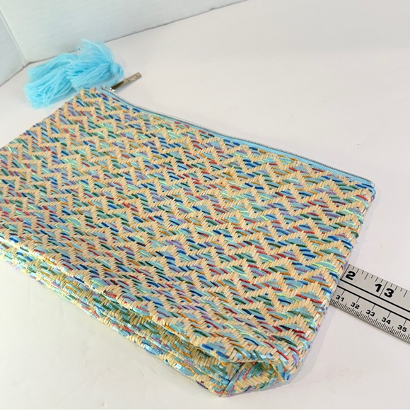 🆕 Lancome Luxe Woven Clutch – Aqua Tassel Zip Bag – Colorful Straw Weave 🆕 - Picture 7 of 16